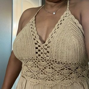 LILBETTER Women's Beach Crochet Backless Bohemian Halter Maxi Long Dress